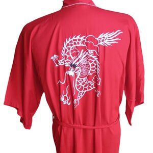 Vintage Men's Small Kimono Robe Red Dragon Embroidered 60s Rayon Smoking Jacket